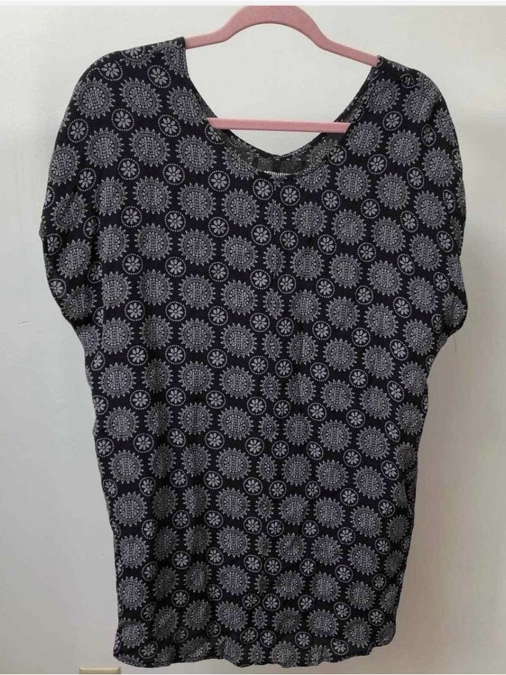 Reformation Black Medallion Print Short Sleeve Tunic Blouse